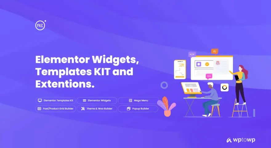 L'image présente les extensions Elementor, offrant des widgets, des kits de modèles et des fonctionnalités pour un design web royal.