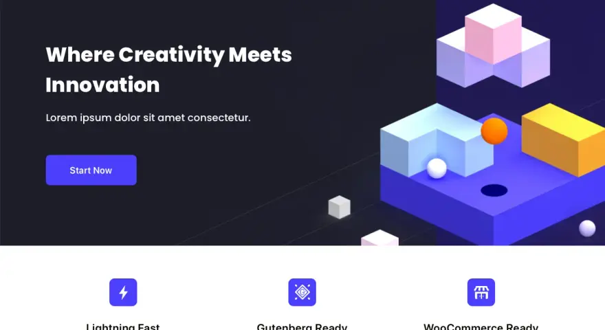 Le thème **Blocksy** présente une page d'accueil moderne avec des blocs 3D colorés et des fonctionnalités clés comme "Lightning Fast" et "WooCommerce Ready".