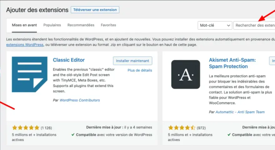 Interface d'ajout d'extensions WordPress. Recherche d'un plugin portfolio WordPress pour améliorer votre site.