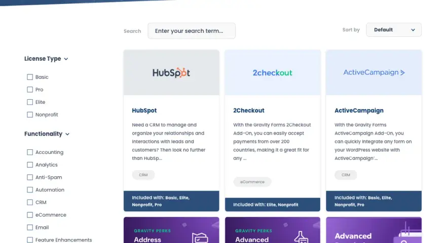 Catalogue d'extensions pour Gravity Forms : HubSpot, 2Checkout, ActiveCampaign et des fonctionnalités comme Address Autocomplete.