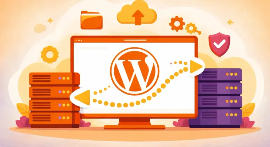 Illustration d'une migration WordPress : un écran affiche le logo WordPress, avec des serveurs et une flèche de transfert de données.