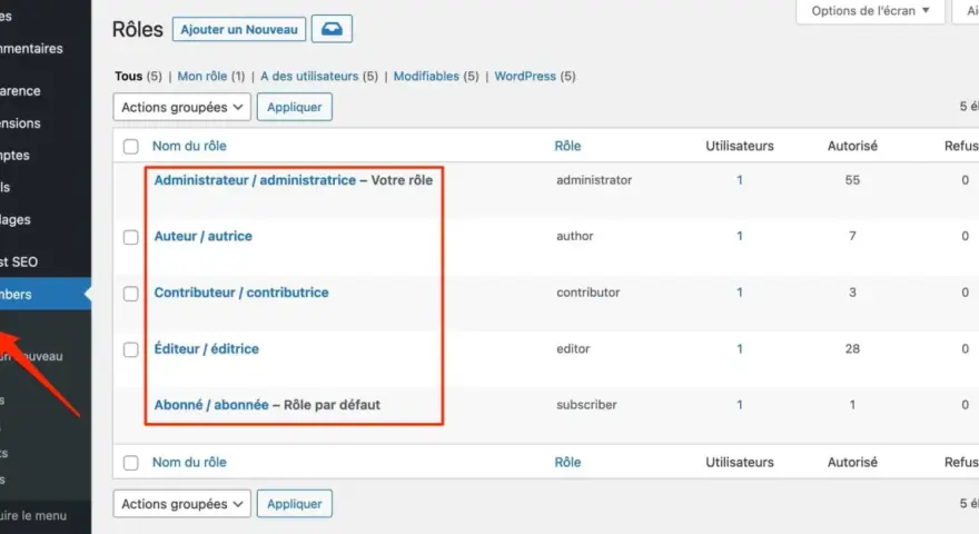 Tableau des rôles WordPress : Administrateur, Auteur, Contributeur, Éditeur, Abonné. L'utilisateur rôle éditeur est visible.