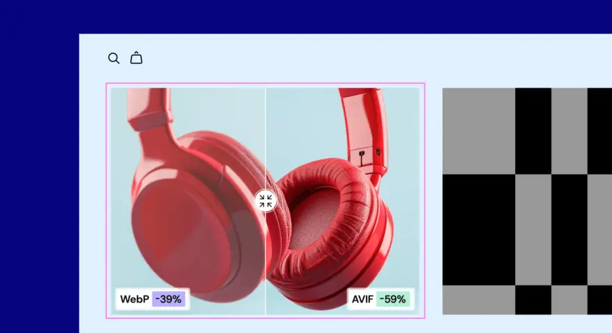 Comparaison visuelle : casque rouge en WebP (-39%) vs AVIF (-59%). Le format WebP est plus léger que le JPG.