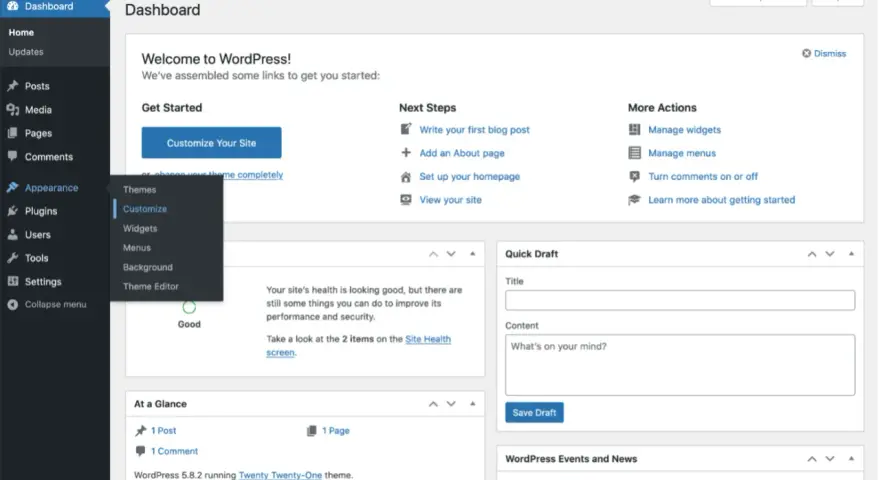 Tableau de bord WordPress. Le menu "Apparence" est ouvert, montrant les options pour personnaliser le site, y compris comment ajouter une police WordPress via le thème.