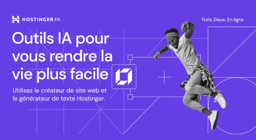 Outils IA Hostinger pour un blog facile. Un homme saute de joie, symbolisant la simplicité de créer un site web et du contenu.