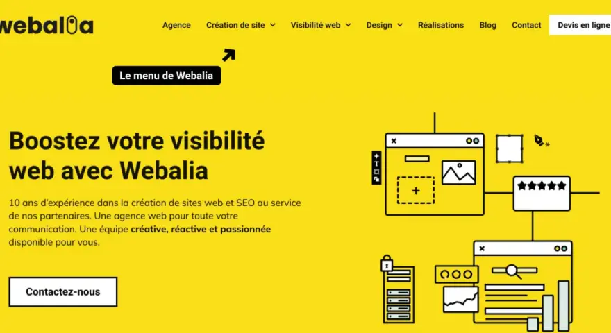 Le menu déroulant WordPress de Webalia, une agence web, propose des services pour booster votre visibilité en ligne.