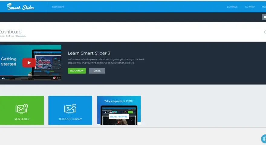 Tableau de bord Smart Slider 3 avec une vidéo de démarrage et des options pour créer un nouveau slider ou explorer la bibliothèque de modèles.