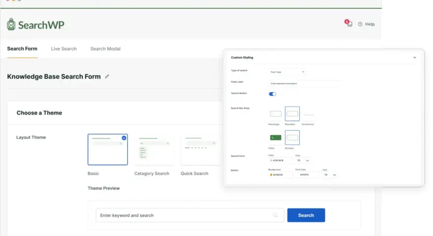 Interface de configuration d'un **search form WordPress** pour une base de connaissances, avec options de style et de thème.