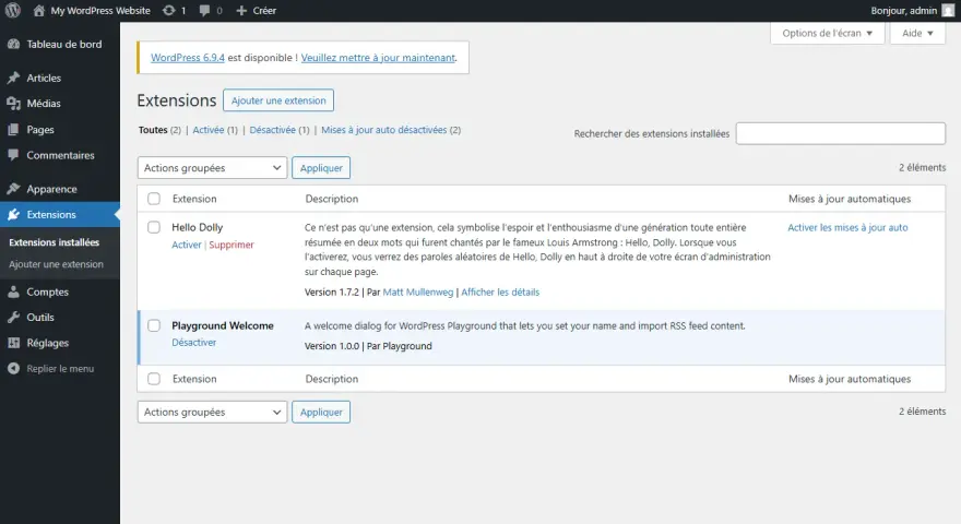 Interface d'administration WordPress pour mettre WordPress en français. Liste des extensions installées, avec "Hello Dolly" et "Playground Welcome".