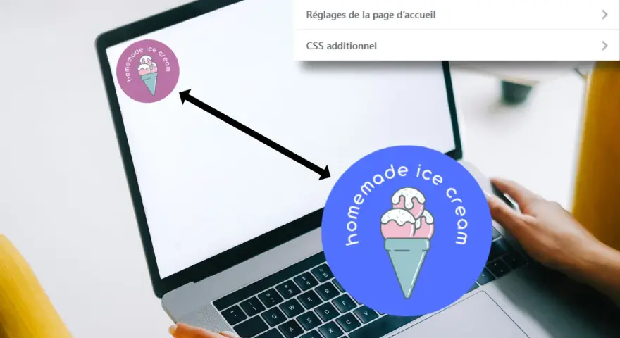 Interface WordPress pour changer logo site : icône de glace "homemade ice cream" sur l'écran, avec un menu à droite.