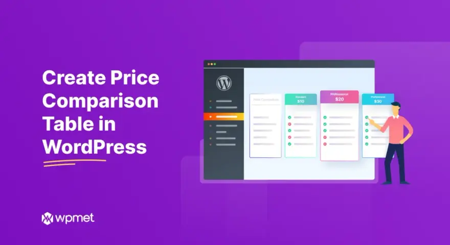 Tableau comparatif des prix WordPress : avant et après la création. Un homme pointe les options.