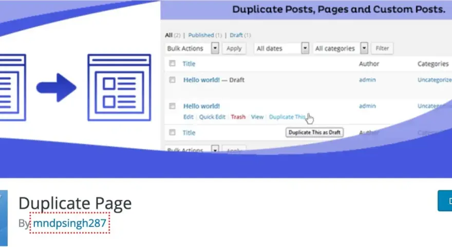 Icône montrant la duplication d'un article WordPress. L'interface WordPress affiche des options pour dupliquer un article.