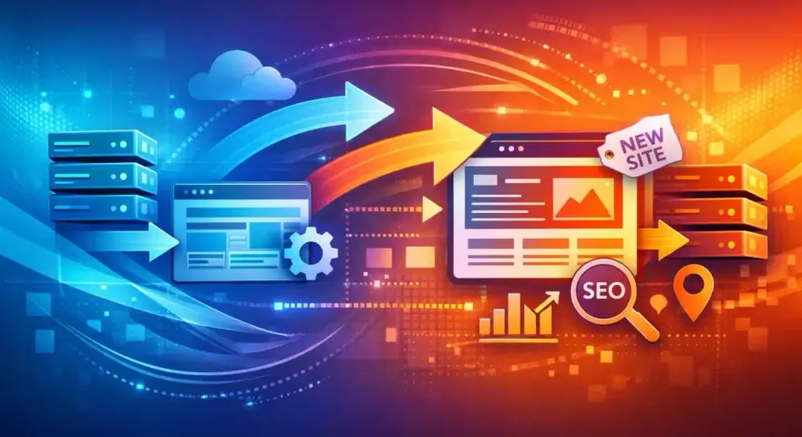 Illustration conceptuelle de migration de site web avec des serveurs, des flèches et des icônes SEO.