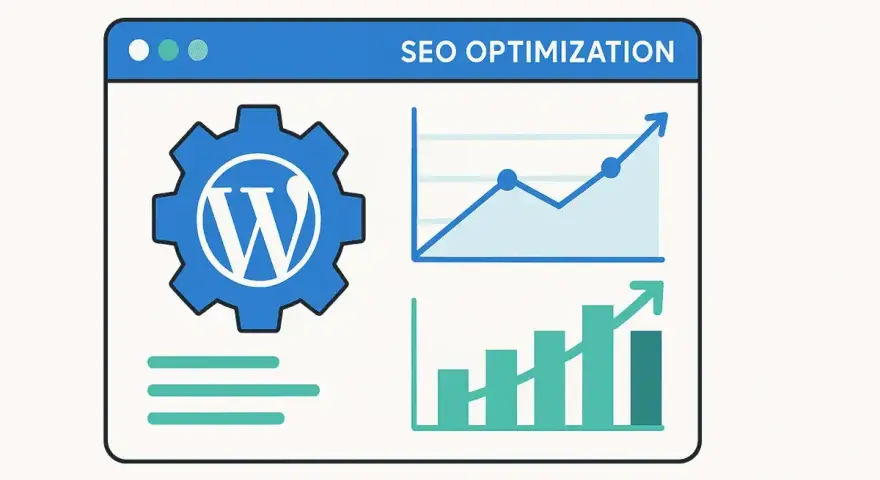 Icône WordPress et graphiques pour l'optimisation SEO. Un tableau de bord montre la croissance des performances.