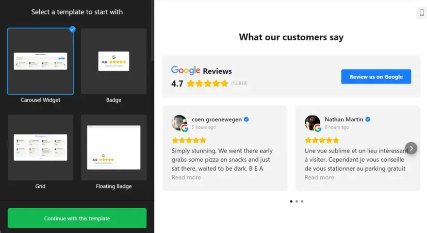 Modèle de widget carrousel pour afficher les Google Reviews sur WordPress.