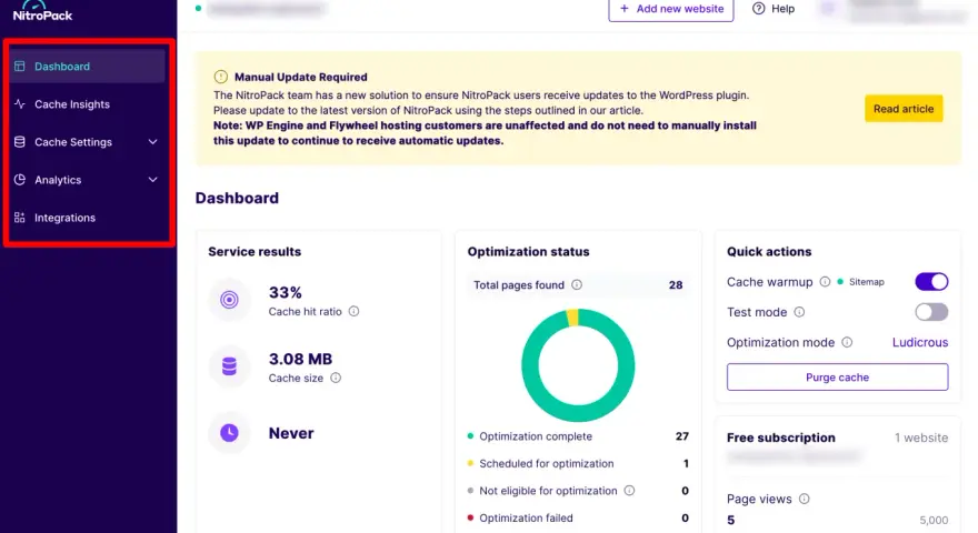 Tableau de bord NitroPack affichant les statistiques du plugin cache WordPress : ratio de succès du cache, taille du cache et statut d'optimisation.