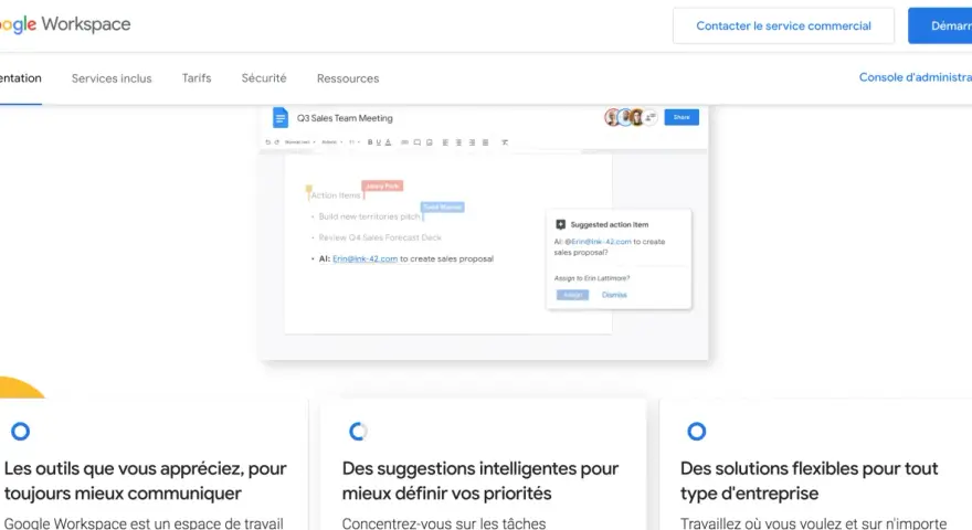 Interface Google Workspace montrant un document avec des éléments d'action et une suggestion d'e-mail pour créer une proposition commerciale.
