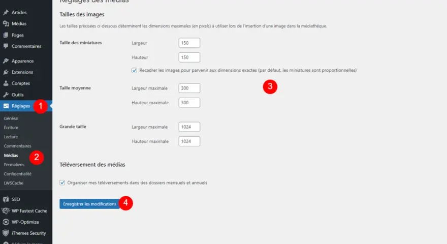 Réglages des médias WordPress : ajustez les tailles des miniatures, moyennes et grandes pour régénérer les miniatures.