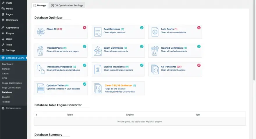 Interface d'optimisation de base de données de LiteSpeed Cache pour WordPress. Nettoie les brouillons, les commentaires spam, les révisions, etc.