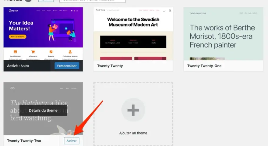 Interface WordPress pour la gestion des thèmes. Un bouton "Ajouter" est visible, suggérant l'ajout d'un nouveau thème, comme pour un wordpress upload file.