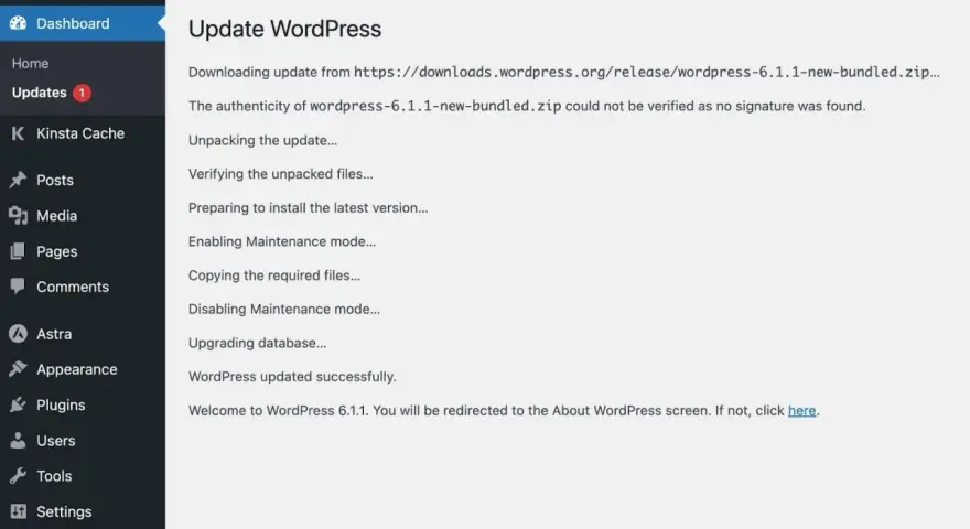Mise à jour de WordPress 6.1.1 effectuée avec succès. Le site est prêt.