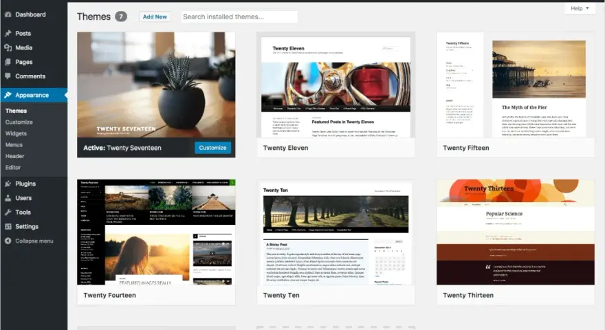 Interface WordPress pour choisir un template blog. Thèmes disponibles : Twenty Seventeen, Eleven, Fifteen, Ten, Fourteen, Thirteen, Twelve.