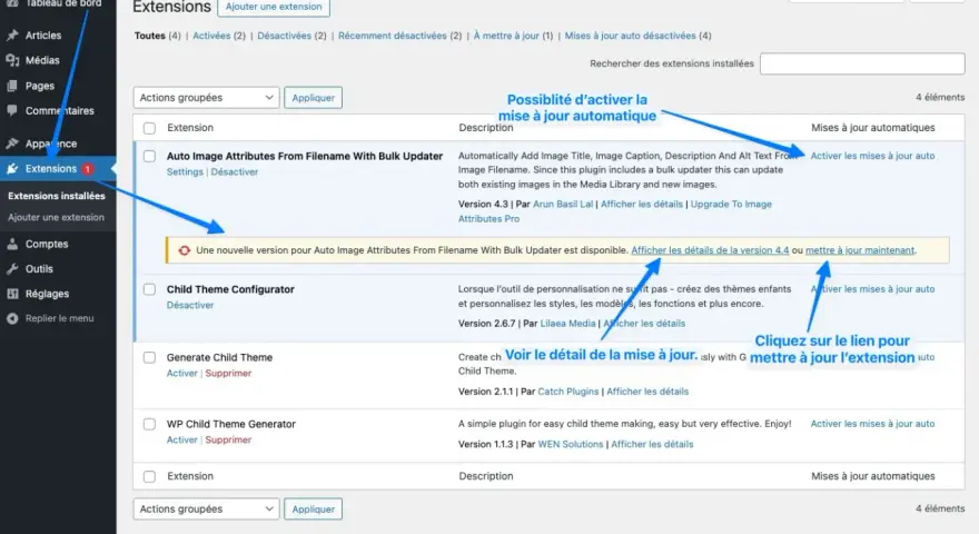 Tableau de bord WordPress : une extension "Auto Image Attributes" nécessite une mise à jour. Le changelog indique une nouvelle version disponible.
