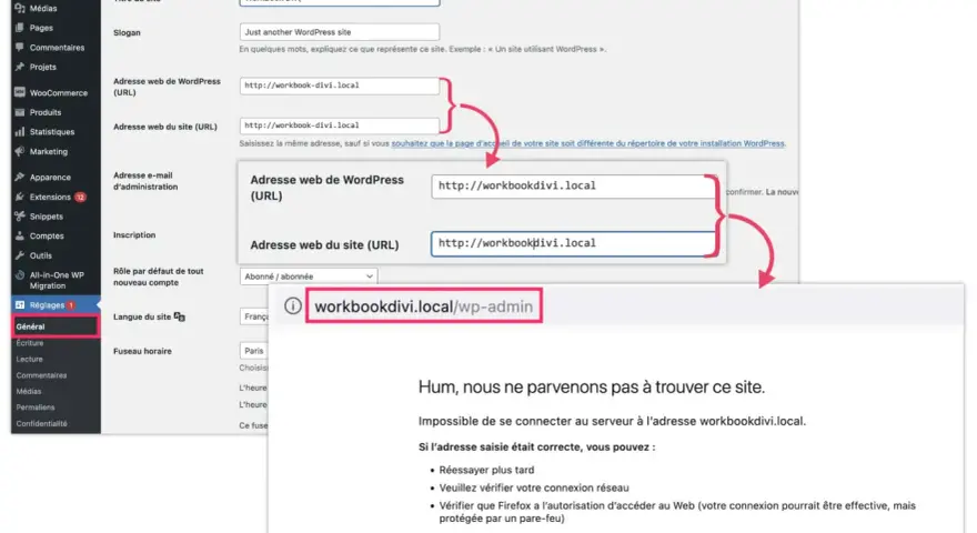 Interface WordPress montrant les réglages généraux pour changer l'URL du site. Une erreur indique que le site n'est pas accessible à l'adresse saisie.
