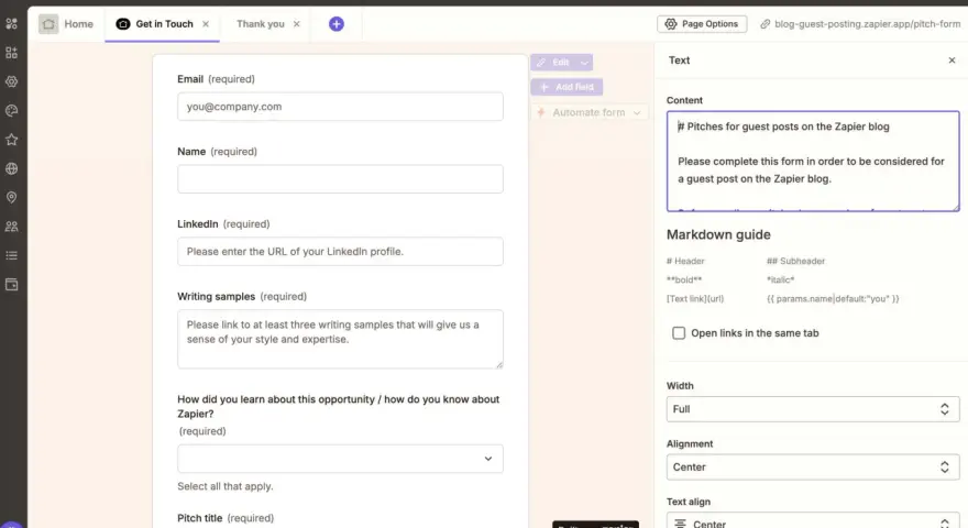 Formulaire de soumission pour un article invité sur le blog Zapier. Créez votre propre formulaire gratuitement avec Zapier.