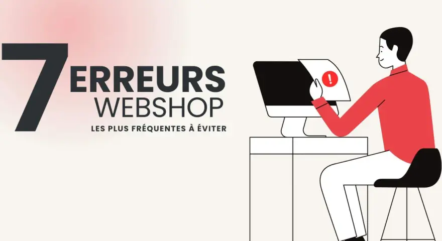 7 erreurs webshop à éviter pour bien lancer un blog. Un homme regarde un écran d'ordinateur avec un point d'exclamation.