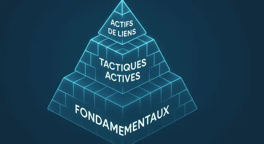 Pyramide illustrant les "Actifs de liens", les "Tactiques actives" et les "Fondamentaux" pour un site.
