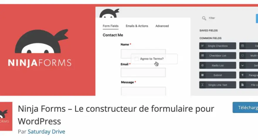 Le logo Ninja Forms, un constructeur de formulaires pour WordPress, avec un aperçu de l'interface de création de formulaires.