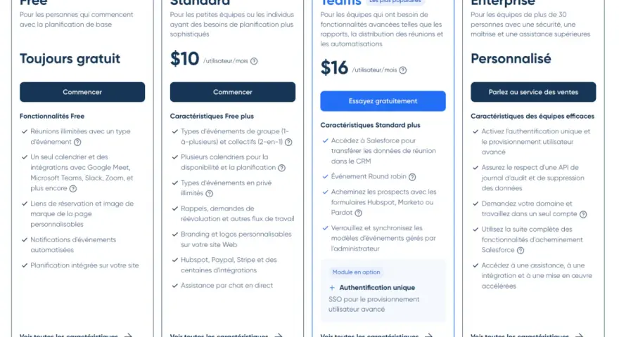 Tableau comparatif des plans de planification de rendez-vous : Free (gratuit), Standard ($10/mois), Teams ($16/mois) et Enterprise (personnalisé). Le plan Free est un logiciel prise de rendez vous gratuit.