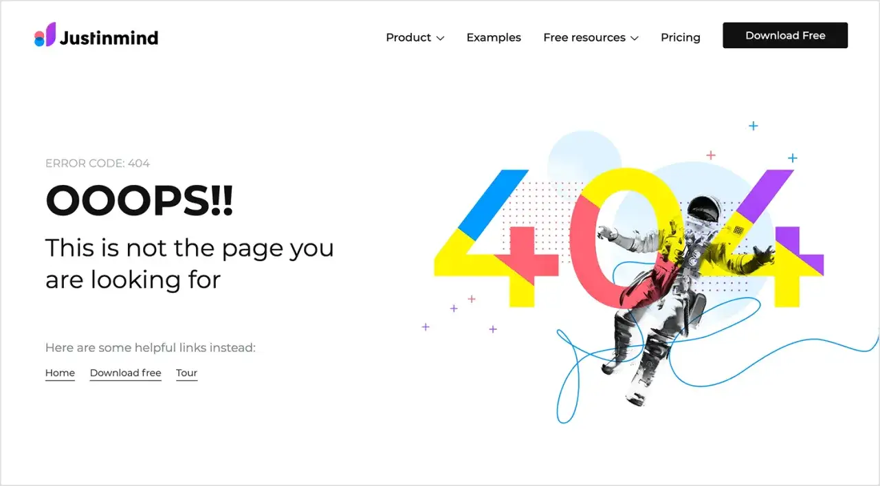 Page 404 originale : un astronaute flotte devant les chiffres colorés 404.