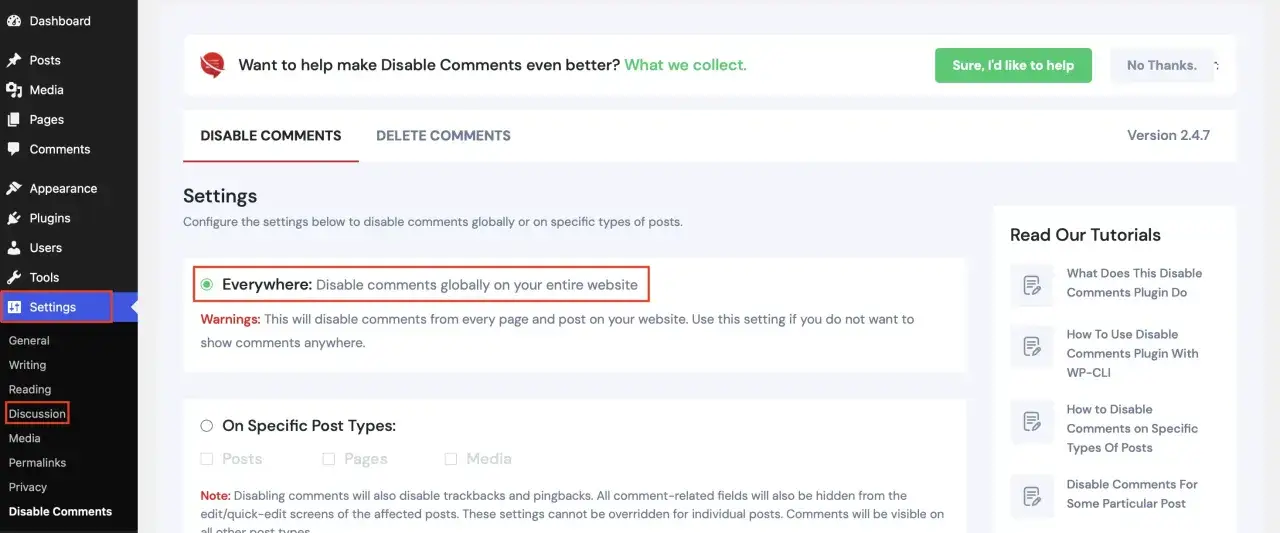 Paramètres WordPress : désactiver les commentaires sur tout le site.