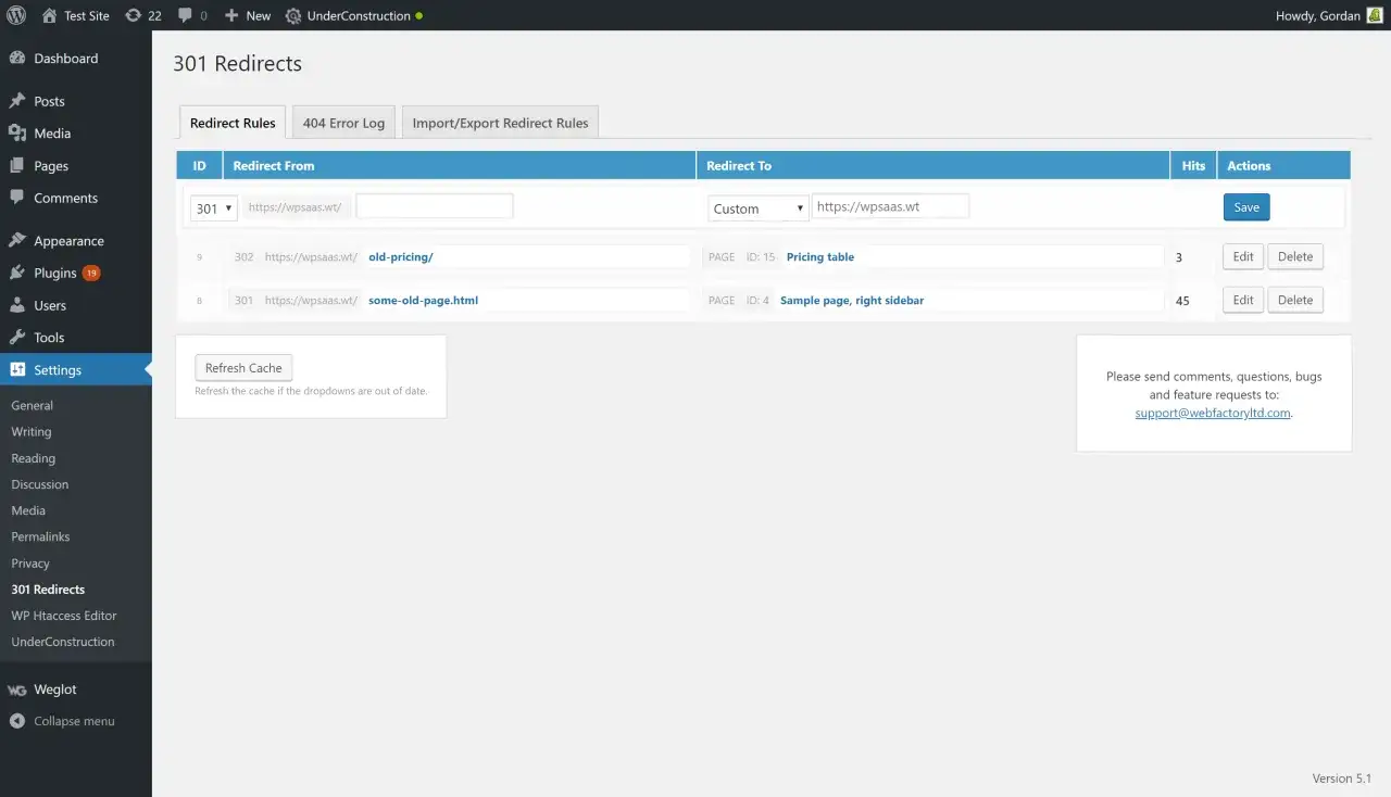 Interface WordPress pour gérer les règles de redirection 301, avec des exemples de redirection d'anciennes pages vers de nouvelles.