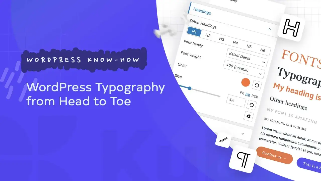 Interface WordPress pour gérer la typographie. Options pour ajouter police, taille, couleur et style.