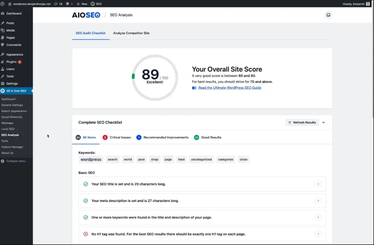 Tableau de bord SEO : score global 89/100. Le rapport seo site indique des points &agrave; am&eacute;liorer, comme l'absence de balise H1.