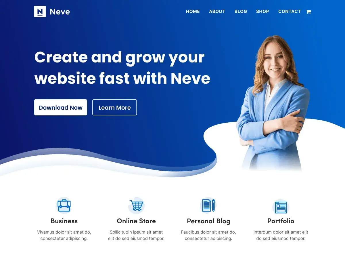 Une femme souriante en costume bleu, sur un fond bleu avec le logo Neve. Cr&eacute;ez votre site WordPress rapidement avec Neve.
