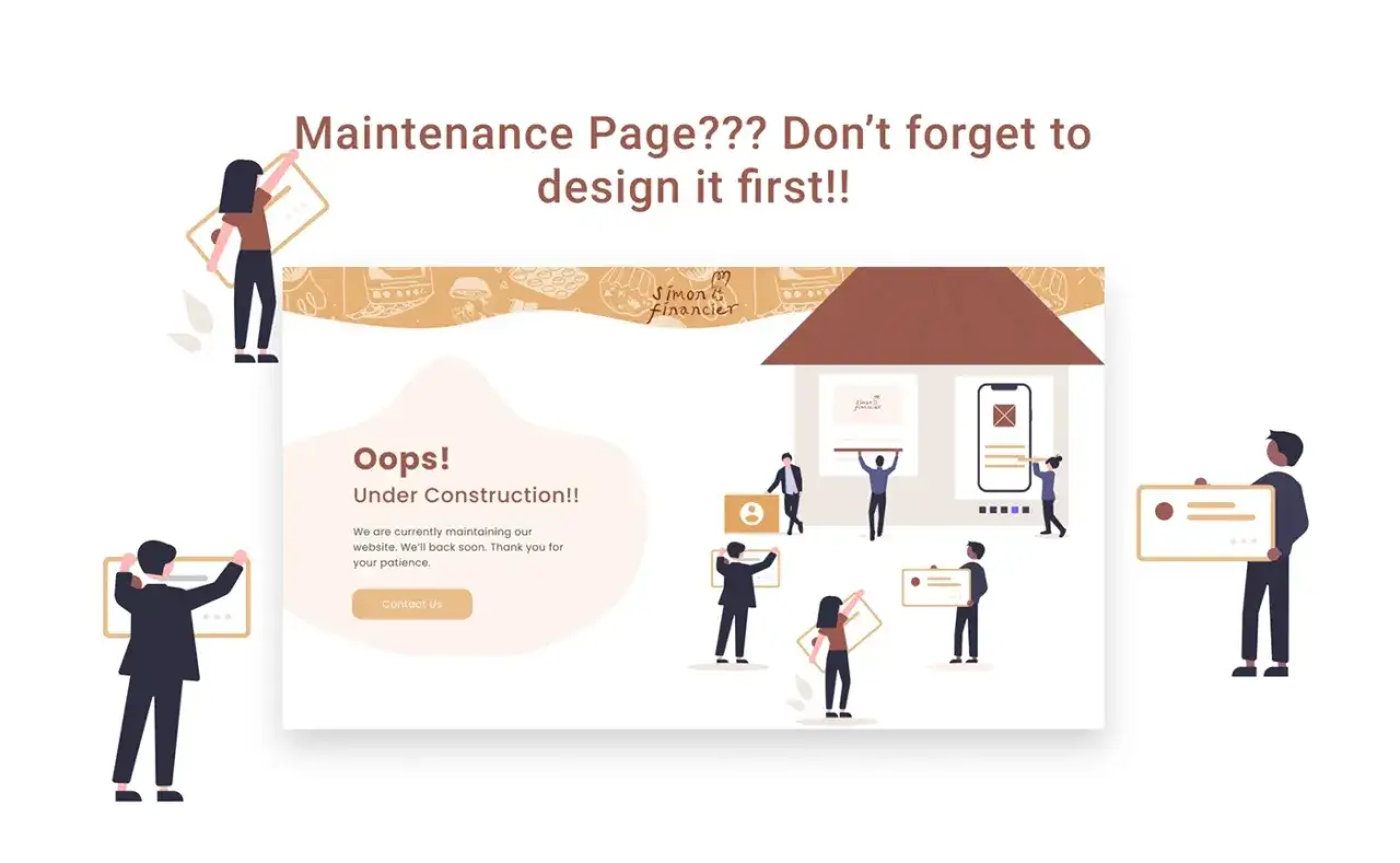 Des gens construisent une page under construction avec des éléments graphiques. Le site est en maintenance.