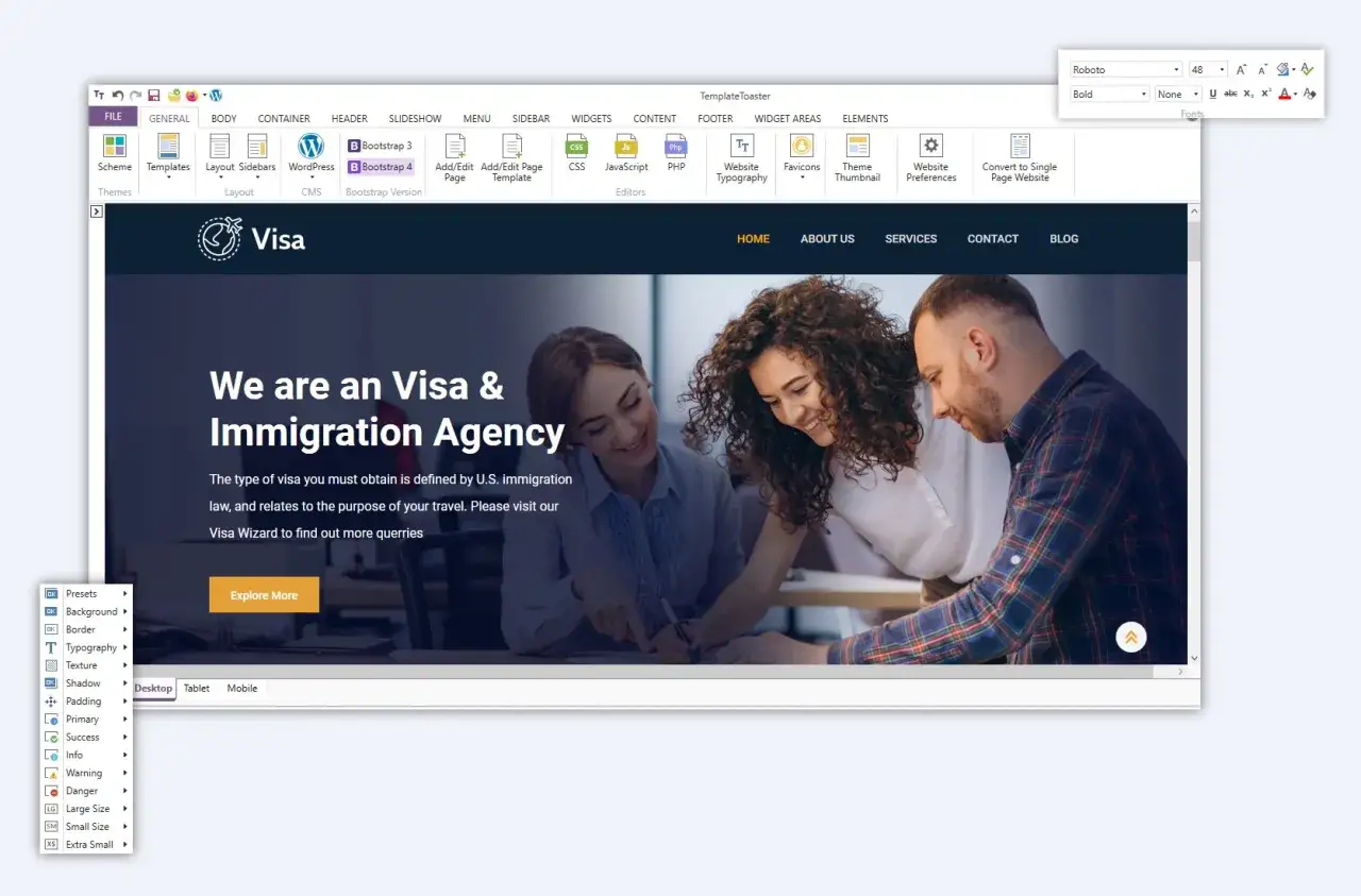Interface d'un wordpress theme builder montrant la personnalisation d'un site pour une agence de visa.