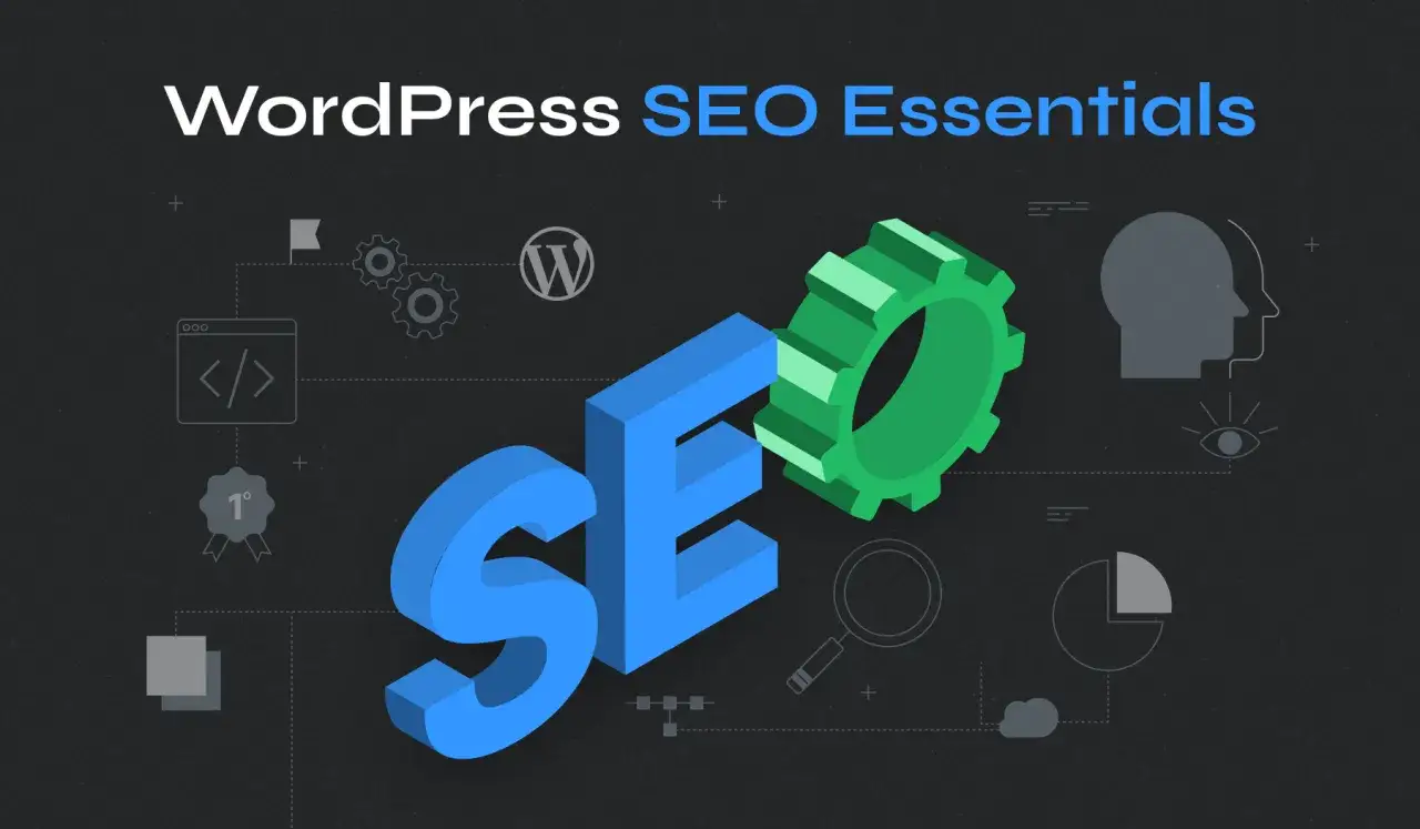 Illustration des essentiels de l'optimisation SEO WordPress avec des icônes de code, de classement et de recherche.