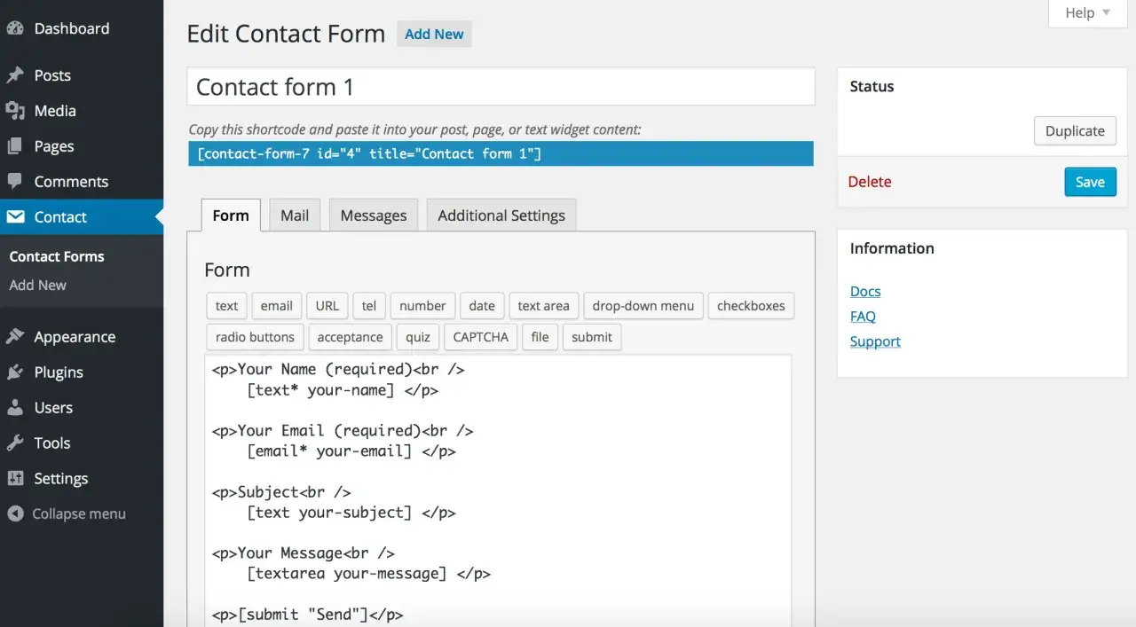 Interface d'édition d'un formulaire de contact, avec des champs pour le nom, l'email, le sujet et le message. Le shortcode pour intégrer ce formulaire Contact Form 7 est visible.