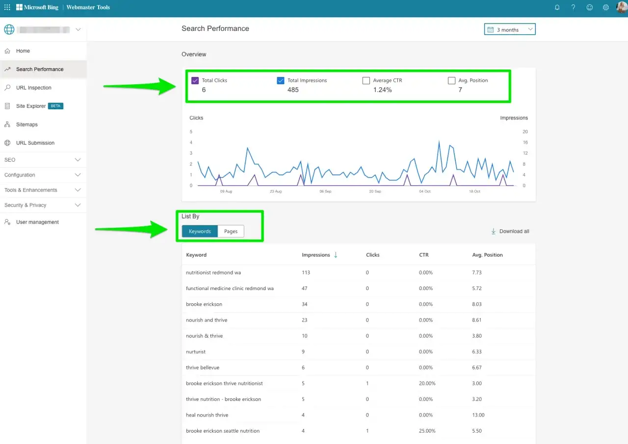 Tableau de performance de recherche dans le search console bing montrant les mots-clés, impressions et clics.