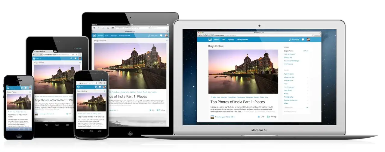 Un site web WordPress s'affiche sur plusieurs appareils, montrant un article de blog sur les photos de l'Inde.