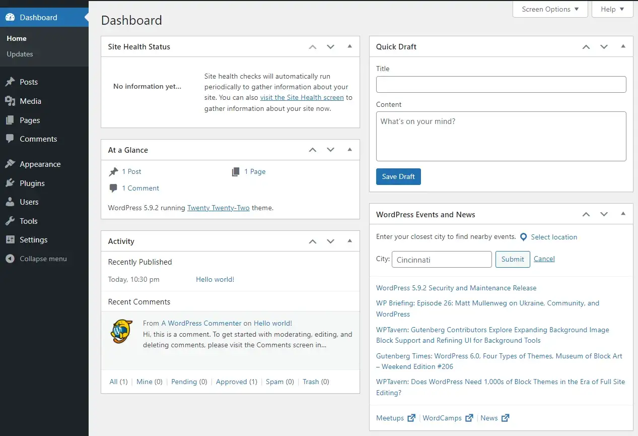 Tableau de bord WordPress avec le thème