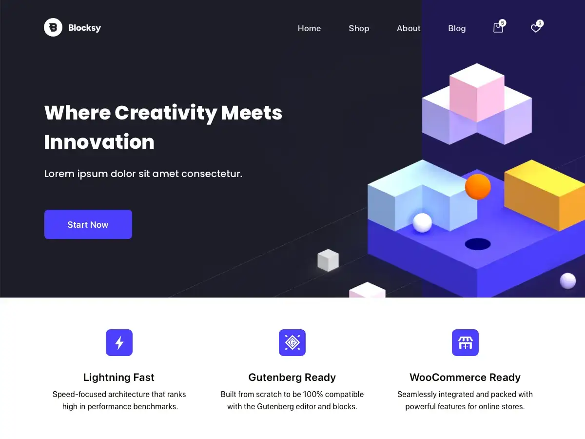 Page d'accueil du thème Blocky avec des blocs 3D abstraits et des fonctionnalités clés : rapide, Gutenberg et WooCommerce.