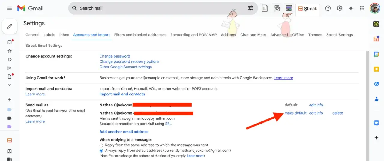 Paramètres de google workspace email : ajouter une adresse d'envoi, gérer les comptes et importer des contacts.