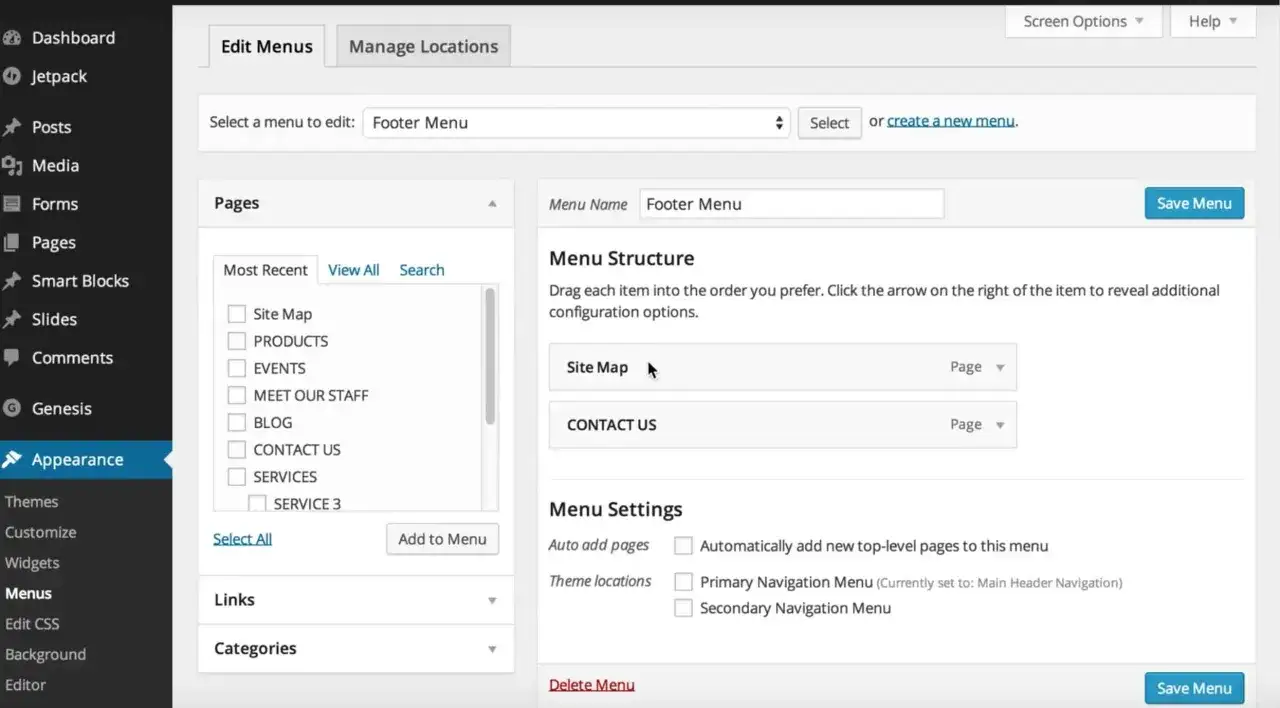 Interface WordPress pour la gestion du menu déroulant