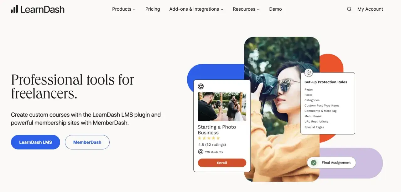 LearnDash, le meilleur LMS pour cr&eacute;er des cours et des sites d'adh&eacute;sion. Une photographe utilise l'outil pour son entreprise.